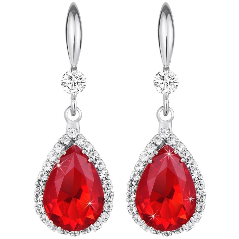 14K White Gold with Ruby Red Cubic Zirconia Teardrop Hook Dangling Earrings